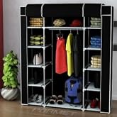 Plastic Profile Fabric Cloth Cabinet Large Portable Wardrobe with Double Side Shelves Hanger-Black