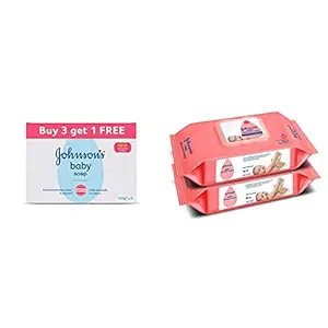 Johnsons Baby Soap 150g (Buy 3 Get 1 Free) & Baby Wipes, Pack of 2 (160 Wet Wipes) Combo