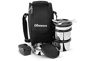 SOPL-OLIVEWARE Executive Leak Proof Stainless Steel Full Meal Lunch Box With Insulated Fabric Bag (Black)