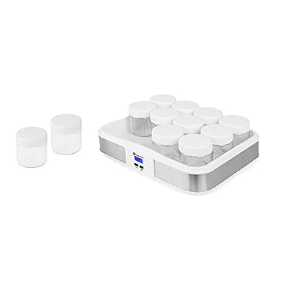 Klarstein Gaia - Yaourtière électrique 12 pots avec timer pour préparation de yaourts maison (volume total 2,5L, pots de 210mL, écran LCD) inox -blanc