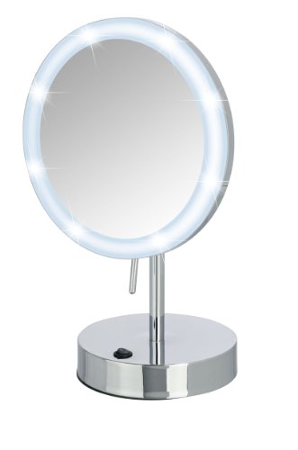 WENKO 3656490100 LED Standspiegel Aura – Kosmetikspiegel, mit hochwertigem Acrylrahmen, Spiegelfläche ø 16.5cm, 500% Vergrößerung, Stahl, 20 x 32 x 14 cm, Chrom - 5
