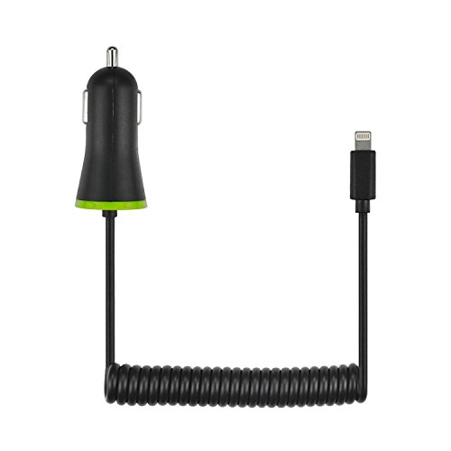 Original iProtect® KFZ-Ladekabel schwarz Spiralkabel Ladegerät mit USB-Anschluss Adapter für iPhone 5 5s 5c, iPhone 6, iPhone 6s, iPhone 6 Plus, iPhone 7, iPhone 7 Plus, iPad mini, iPad mini 2, iPad 4, iPad Air 1+2, iPod Touch 5, iPod 7