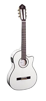 Ortega RCE145WH Guitare de concert avec housse Egalisateur plus tuner Ligne étroite Table épicéa massive Blanc