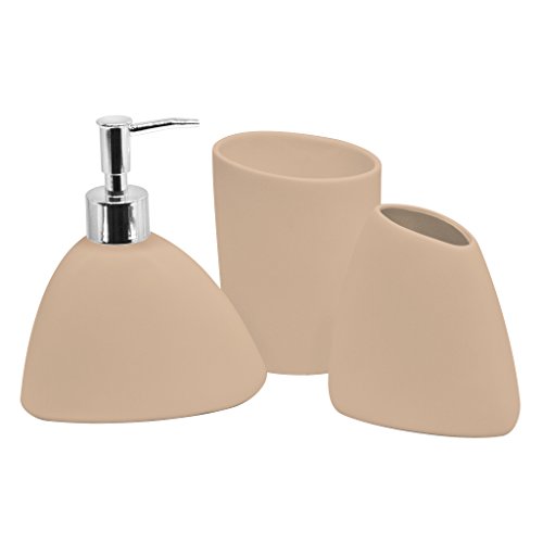 4 Stück Deluxe Badezimmer Zubehör Set – anti-mold Material – Beinhaltet: Seife/Lotionspender, Seifenschale, Zahnbürstenhalter, Becher, verschiedene Designs Pebble Beige - 2