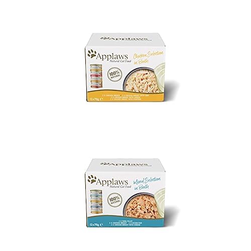Bundle of Applaws Selección de Pollo 100% Natural de Comida húmeda de Applaws en Caldo para Gatos Adultos + Selección Mixta de Atún, Pechuga de Pollo y Pescado de Océano en Caldo - 24 latas de 70g