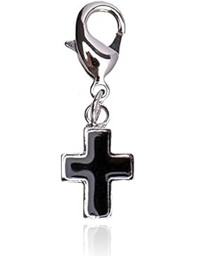 Charm Anhänger Kreuz, Rhodium plattiniert schwarz 20 mm, religiöses Kreuz mit Karabiner für Bettelarmband oder...