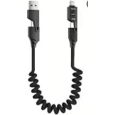 PDA Teknoloji 65W Type-C+USB A to Type-C+Lighting Akordiyonlu Hızlı Şarj Kablosu 1.5m Siyah (65w Spiral, 4 in 1)