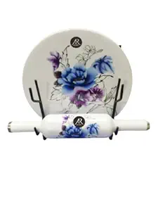 A.R. EXPORTS Printed White Marble Roti Maker with Wooden Belan Enamel Print/White Marble Chakla 10 Inch Diameter with Belan Wooden Rolling Pin and Marble Board without Stand(ARE-009)