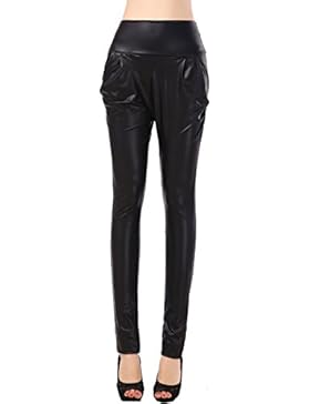 MYWY - Pantalone donna vita alta ecopelle tasche laterali simil pelle elegante casual