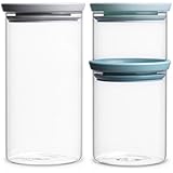 Brabantia 298325 - Tarros de cristal apilables, 1.3 L/ 0.7 L/ 1.1 L, juego de 3, tapa gris claro/ gris oscuro/ verde menta
