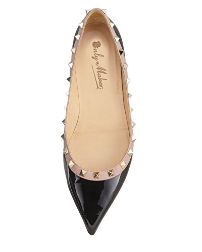 Onlymaker Ladies Women's Low Heel Pumps Flat Heel Shoes Pointed Toe Rivets Decoration Big Size Handmade For Wedding Party Dress Shoes Coppy Leather Black UK7