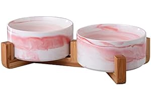 SP SEMPRE + doppie ciotole in ceramica per cani medi da 15.5cm l'una in bambù, 2x850ml rialzate e sollevate da terra con base antiscivolo (DOPPIE 15.5 CM, MARMO ROSA)