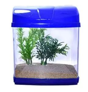 Spartacus Aquarium Small Polo Betta Fish Tank with 2artificial Fishes and 2 Artificial Plants ; Size: 14x15x18cm : Material : Acrylic Plastic Blue Color 1pcs