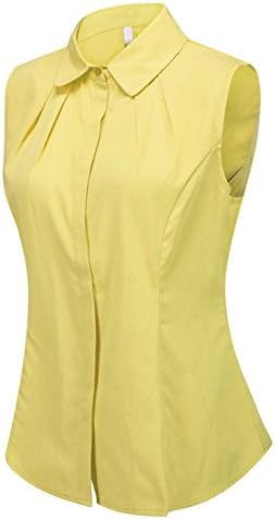 Putao World Women's Cotton Sleeveless Button Down Shirt Collared Pleated Blouse Yellow 2
