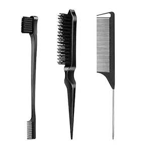 3 Pcs Hair Styling Brush Set with 1 Pcs Edge Brush 1 Pcs Bristle Hair Brush 1 Pcs Rat Tail Comb, Hair Comb Set for Slick Baby Hair and Flyaways - Black