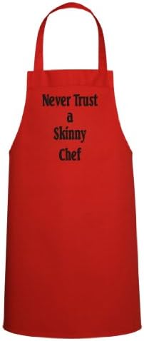 NEVER TRUST A SKINNY CHEF ~ FUNNY APRON (RED APRON WITH BLACK DESIGN)