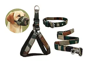 PEDIGONE Dog Belt Combo of Dog Harness + Dog Collar + Dog Leash + Dog Muzzle for All Breeds Dog Harness Leash (Large, Army)