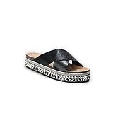 HERIXO Damen Schuhe Slippers Pantoletten Metallic Verzierung Nieten überkreuzt Plateau-Sohle hohe Sandalen Wildlederimitat Leoparden-Muster Kreuzband(37 EU, Black)