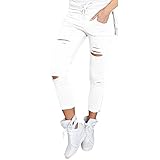 Sannysis pantalones mujer jeans pantalones rotos flacos cintura alta (Blanco, XL)