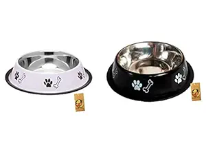 Foodie Puppies Stainless Steel Combo Offer Paw Bone Printed Royal White and Night Black Food Water Feeding Bowl for Dogs & Puppies (Medium, 700ml Each)