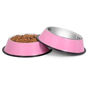 KASBAH Stainless Steel Cat Food Bowls Dog Bowl for Small/Medium/Large Pets with Removable Rubber Bottom Set of 2, Pink