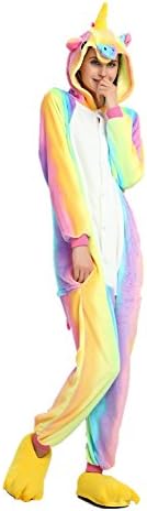 KiKa Monkey Unicorn Pajamas Flannel Cartoon Animal Sleepwear Novelty Jumpsuits Halloween Cosplay Costumes (X-Large, Rainbow)