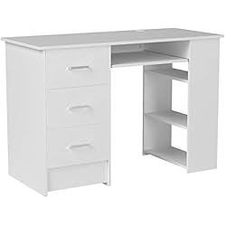 Homfa Bureau d'ordinateur Table PC Table de Travail avec Tablette à Clavier Trois Tiroirs et Trois Étages Bois 109x49x75cm (Blanc)