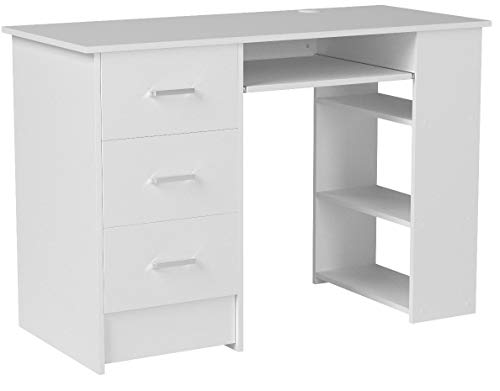 Homfa Bureau d'ordinateur Table PC Table de Travail avec Tablette à Clavier Trois Tiroirs et Trois Étages Bois 109x49x75cm (Blanc)