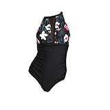XuxMim Frauen Einteiler Blume Print Schlüsselloch Mesh Halfter Plunge Geraffte Monokini Bademode(Schwarz,Large)