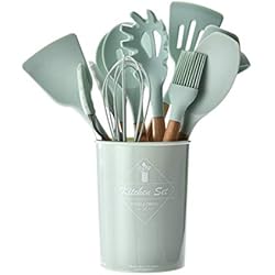 11PCS/SET Kitchen Utensils Wooden Handle Silicone Cooking Set Pliers Whisk Slotted Spoon Soup Spoon Cooking Tools green & wood color Kaemma