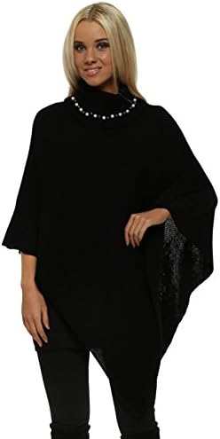 French Boutique Black Pearl Embellished Polo Neck Poncho One Size Black