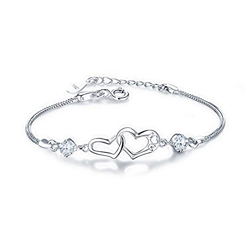 WikiMiu Bracelet Femme en Argent 925 en Forme de Coeur, Bijoux Fantaisie Taille Réglable, Cadeau pour Femme Fille pour Anniversaire Noël et Fêtes