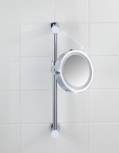 WENKO 20907100 Power-Loc LED Wandspiegel Carpi – Befestigen ohne bohren, Spiegelfläche ø 17.5cm, 500% Vergrößerung, Stahl, 25.5 x 50.5 x 23 cm, Chrom - 17