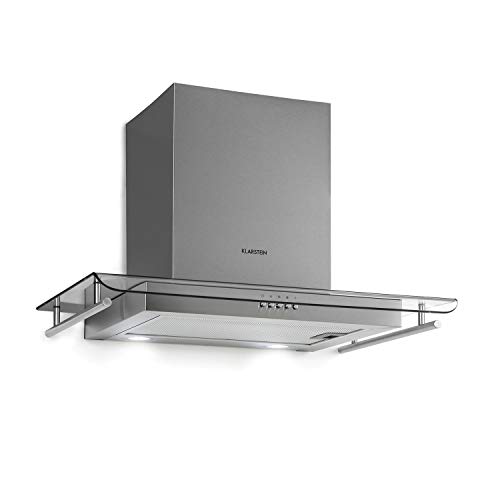Klarstein Maverick Hotte aspirante avec rambarde - hotte murale, 70 cm, 400 m³/h d'air évacué, filtre à graisse en aluminium, 65 dB, possibilité de recyclage d'air, inox, verre, argent