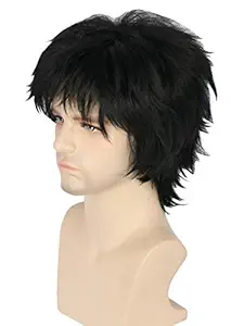 Topcosplay Woman Men Wig Short with Bangs Layered Fluffy Cosplay Halloween Wigs Hair Black (1#)