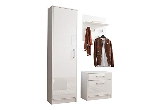 Mirjan24 Garderoben-Set Ada, Wandgarderobe, Flurgarderobe, 5 Kleiderhaken, Schuhschrank mit Schublade, Kleiderschrak (Weiß/Weiß Hochglanz)