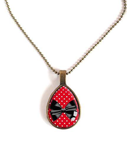 Necklace Cabochon necklace drop cabochon, red with small white polka dots, bow tie, bronze or silver finish