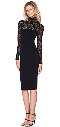 Price comparison product image ALAIX Women's Classicial Sexy Mini Dress Floral Lace Long Sleeve Slim Black-L