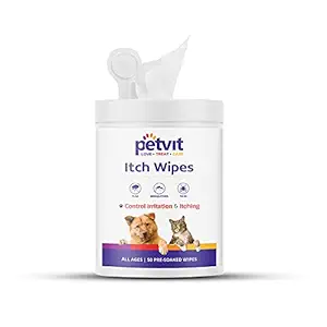 Petvit Itch Wipes for Relief Skin Irritations and Scratching |with Aloe Vera Gel & Neem Extract| | Paraben Free & pH-Balance -for All Breed Dog & Cat - 50 Wipes for All Age Group