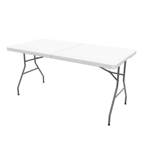 Todeco - Mesa Plegable Portátil, Mesa de Plástico Resistente - Material: HDPE - Carga máxima: 100 kg - 152 x 76 cm, Blanco, Plegable por la Mitad