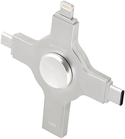 iPhone USB 128GB Flash Drives Fingertip gyro Memory Storage 3.0 U disk Richwell External Storage 4in1 for Apple iPhone iPad iOS Mac Android Type-C and Computers (Silver gray128G)