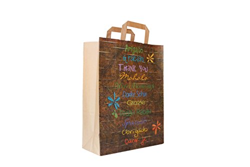 Papiertragetaschen mit Flachhenkel braun 80 g/qm Motiv: "Danke" in 11 Sprachen 26 + 12 x 35 cm (25 Stück)
