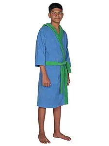 Aspire Woven Velour Hooded Bathrobe for 10 to 14 Year Old Kids, Full Sleeve, 100% Combed Cotton, Blue & Green Color Combo