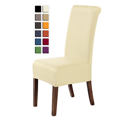SCHEFFLER-HOME Marie wasserabweisende Stuhlhusse, Stretch-Stuhlbezug mit Lotus Effekt, Fleckschutz, elastische moderne Husse, Dekoration Stuhl-Abdeckung aus Elastik-Stoff mit Gummiband für universelle Passform, bi-elastic Spannbezug, mit Sitzhöhe bis 17-19 cm - Creme