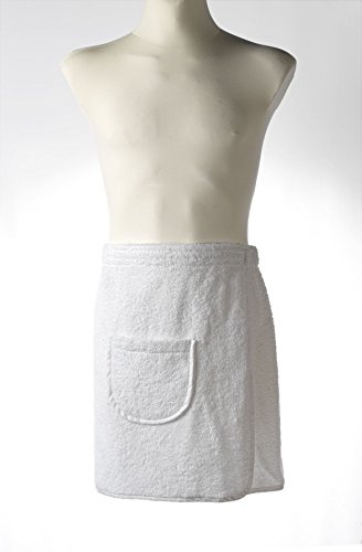 Set Saunakilt Sauna Kilt Sauna-Kilt Sarong für Damen Herren mit aufgesetzter Tasche und Klettverschluss, 100% Baumwolle, Damen 80 x 140 cm Herren 50 x 140 cm, weiß, von Carenesse weiß, mit Gummizug, Klettverschluss und Tasche - 3