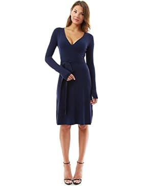 PattyBoutik Damen Strickkleid, langärmlig mit V-Ausschnitt und Gürtel