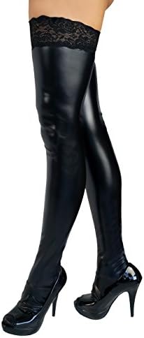 Thigh High Stockings with Lace Top Stockings in Wet Look look -  Black - 