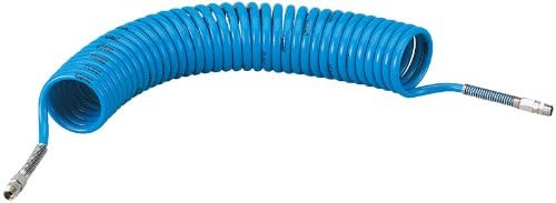 11.5M x 3/8" BSP HEAVY DUTY NYLON RECOIL AIR HOSE - Recoil type air hose which allows good access to working areas. For the workshop and industrial user. Supplied with spring protection guards and 360° swivel end male fittings. Maximum working pressure at 20°C; 1/4" BSP - 1.7MPa (255psi) or 3/8" BSP - 1.9MPa (285psi). Display packed.