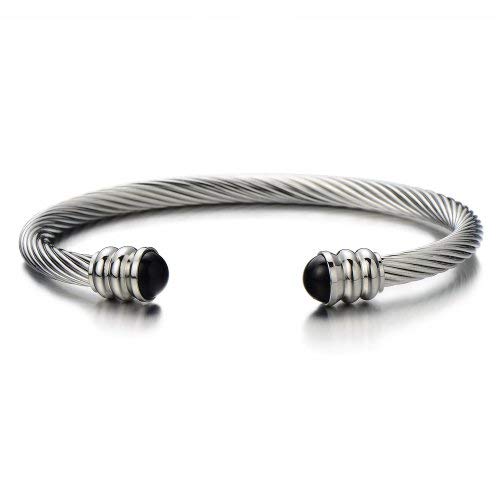 Elástica Ajustable Clásico, Pulsera de Hombre, Brazalete de Acero Inoxidable, Cable de Acero, con Perlas Negro