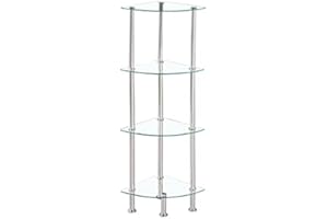 Modernique Glass Shelf Tier Storage Unit, Corner in Black or Clear Glass with Chrome Stand, Shelving Unit (Clear, Tier 4)